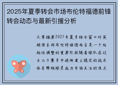 2025年夏季转会市场布伦特福德前锋转会动态与最新引援分析