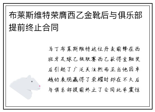 布莱斯维特荣膺西乙金靴后与俱乐部提前终止合同