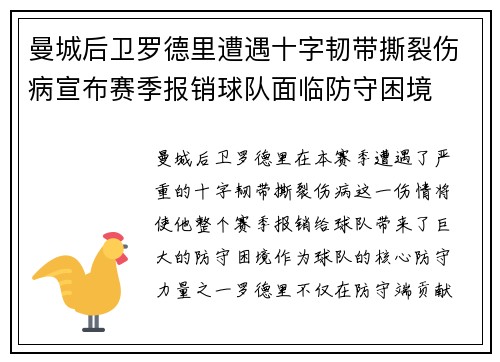 曼城后卫罗德里遭遇十字韧带撕裂伤病宣布赛季报销球队面临防守困境 曼城后卫罗德里遭遇十字韧带撕裂伤病宣布赛季报销球队面临防守困境